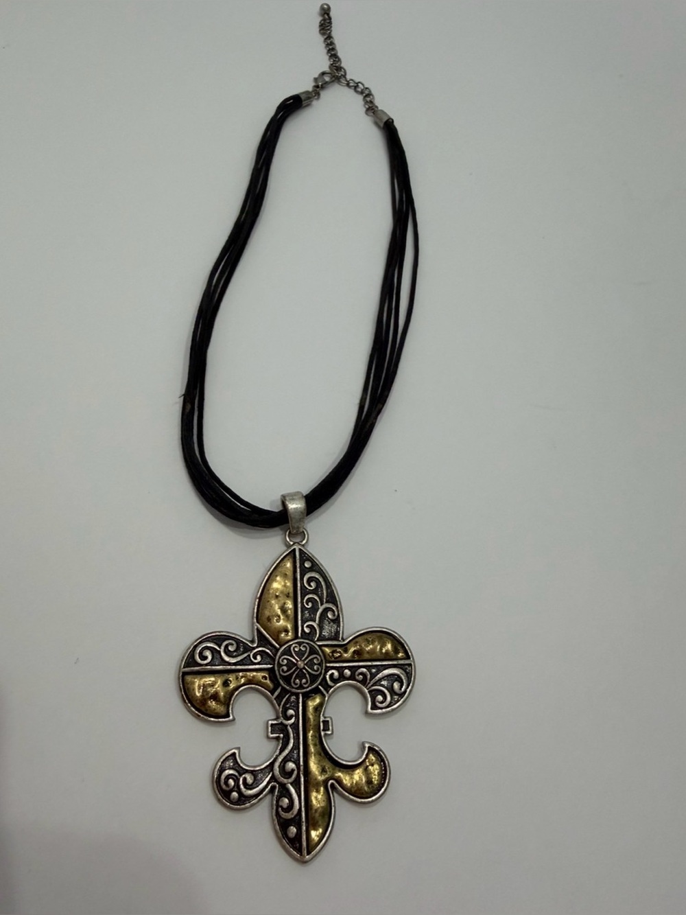 Unbranded Black Cord Necklace with Gold & Silver Fleur-de-Lis Pendant